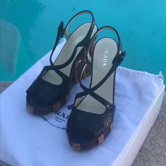 Prada Sport Black Patent Leather Wedge Platform Ankle Strap  PRADA Wedges Bamboo Polar Blue Sandals EUC Sz 8.5